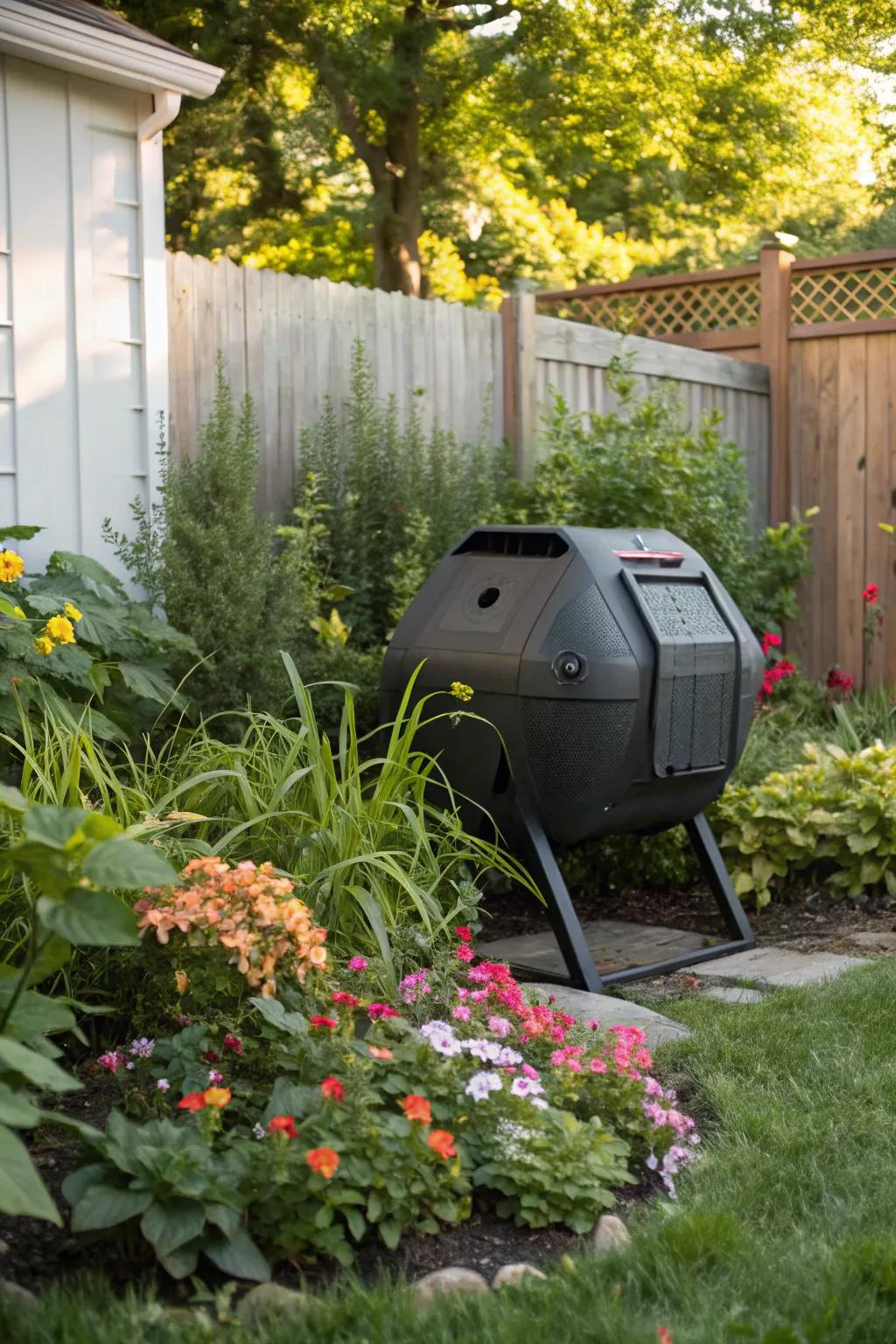 A modern style rotating composter lends an elegant appeal, making composting swift and straightforward.