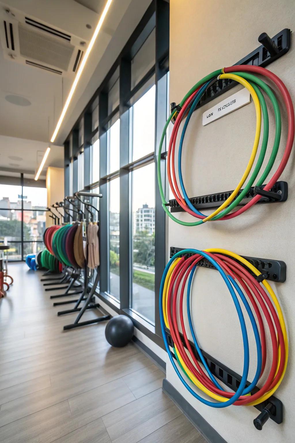 Hula hoops arranged tidily on wall brackets, adding a fun element to a home exercise area.