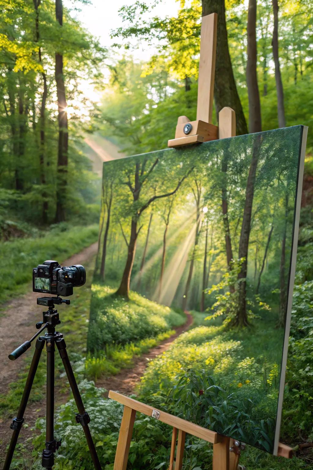 Captures a peaceful forest with attractive light.