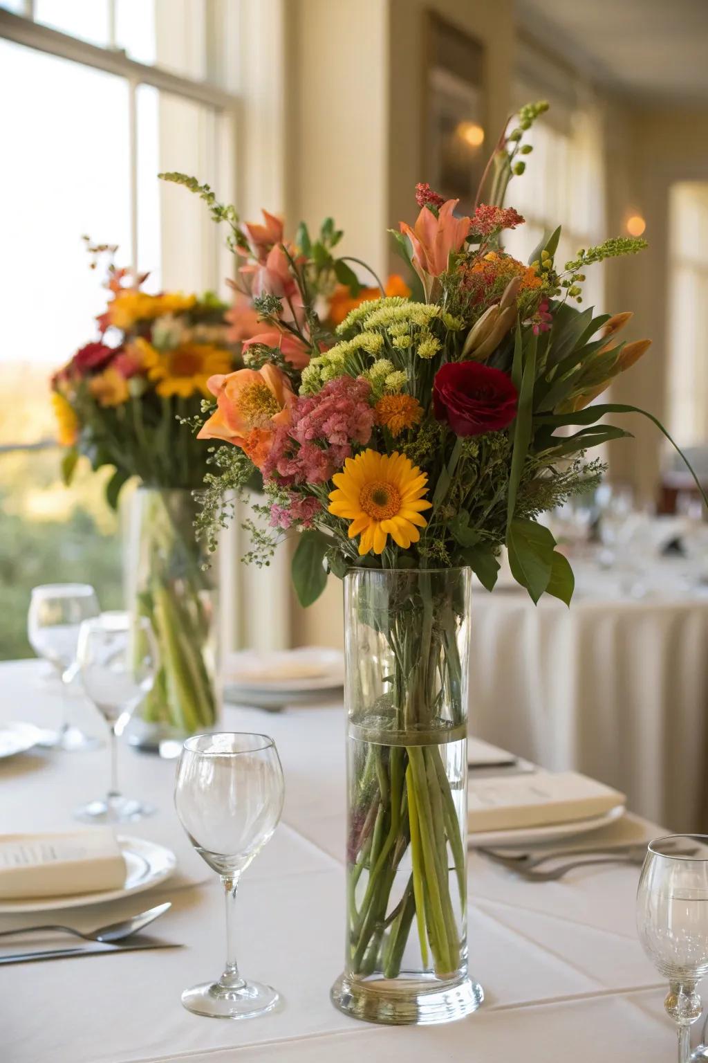 Seasonal flowers inside windproof candle holders for a rejuvenated and lively appearance.