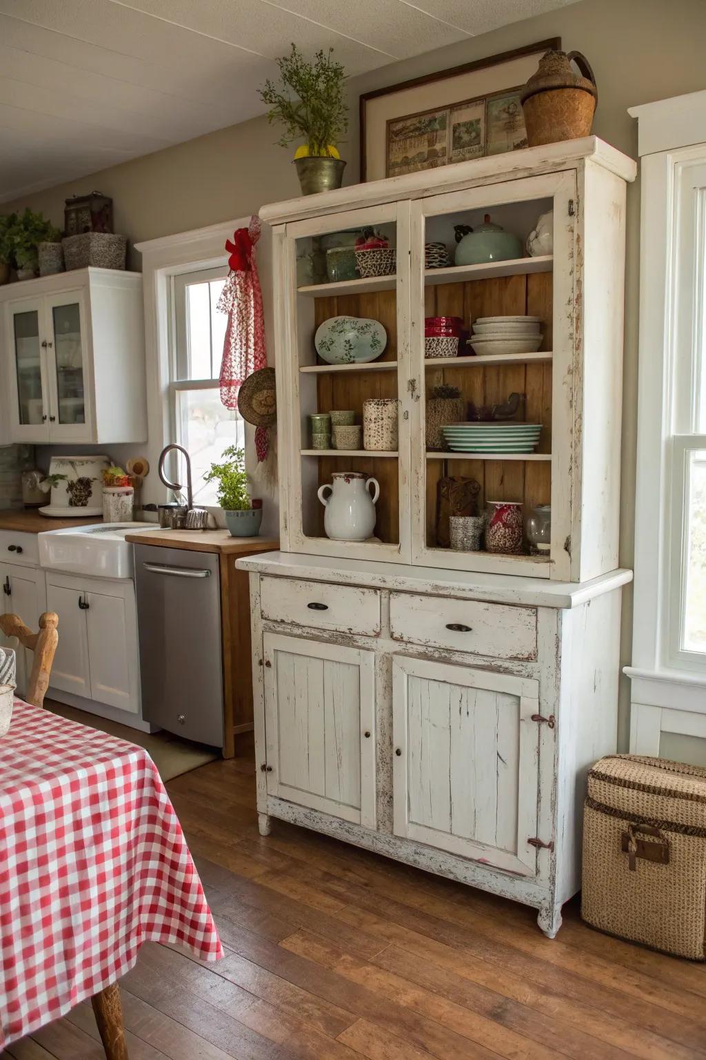 A charming countryside hutch brings warmth to the cooking area.