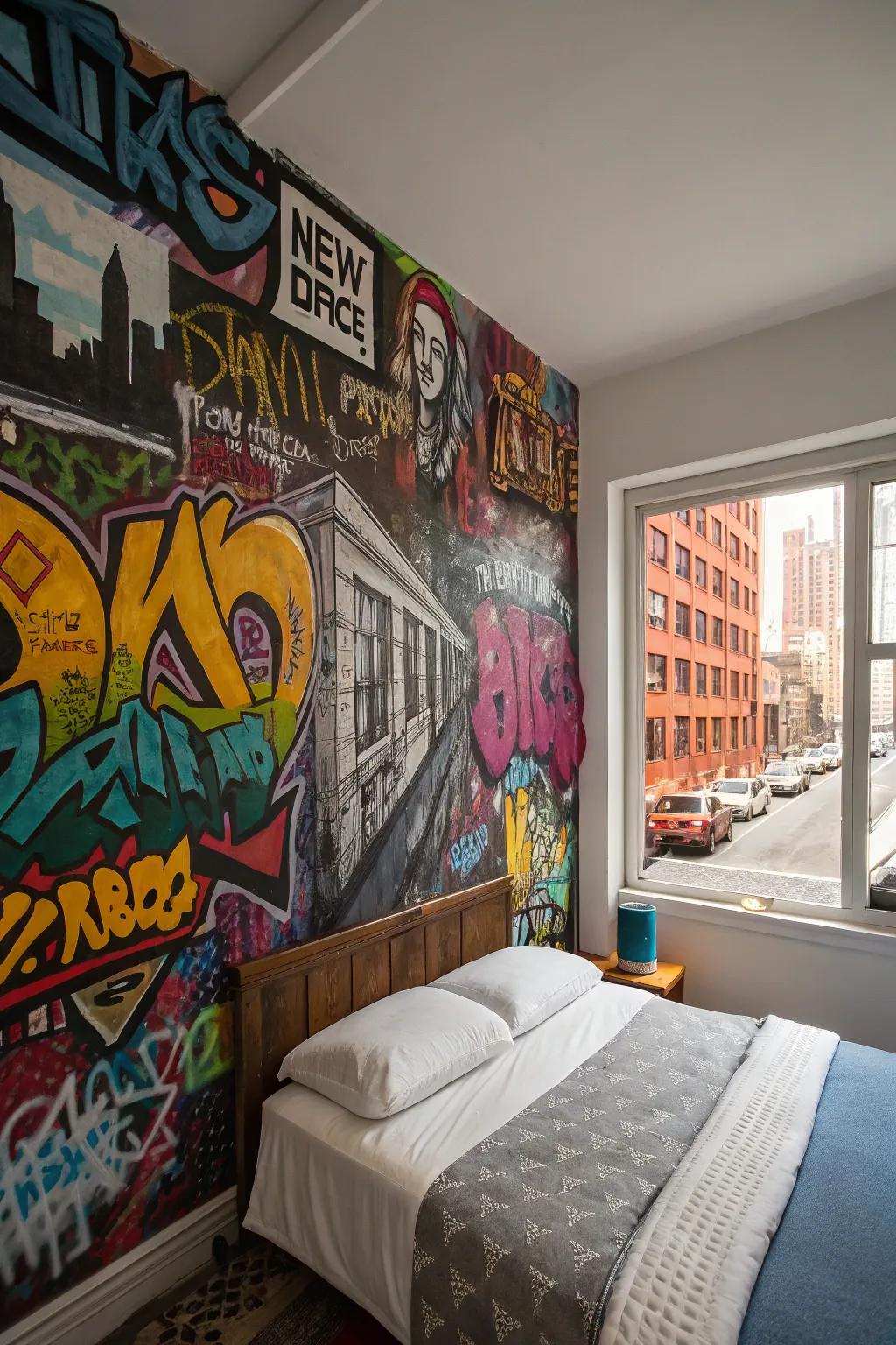 Graffiti-inspired art adding a daring urban vibe to the room.