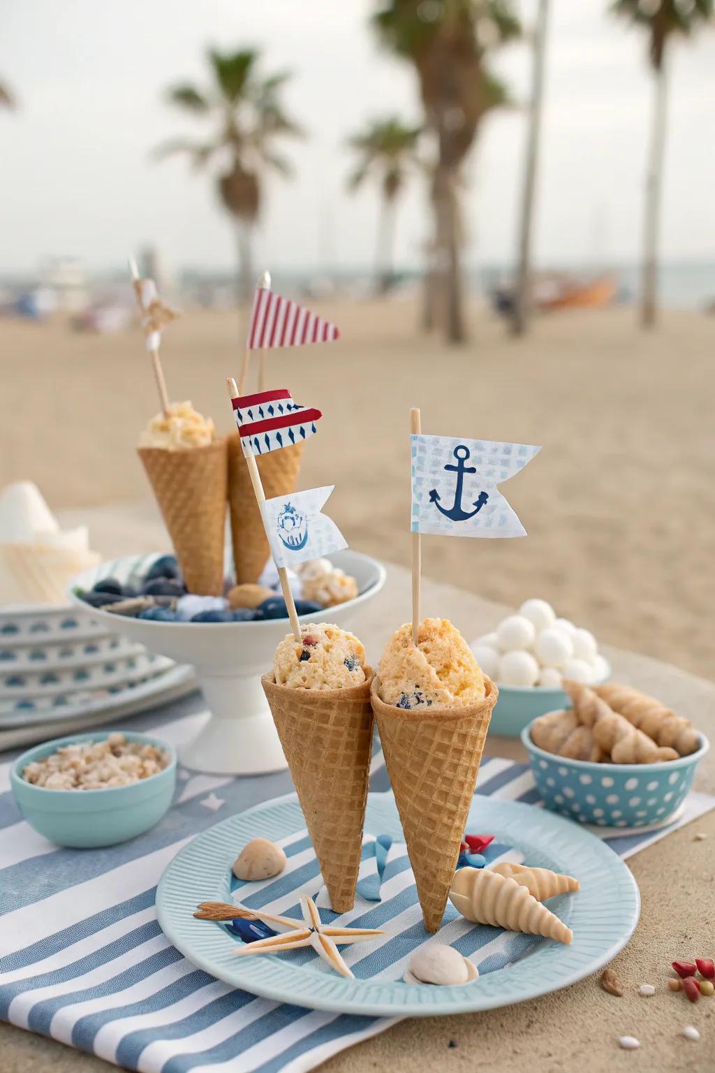 Coastal-themed ice cream cones ideal for a summer celebration.