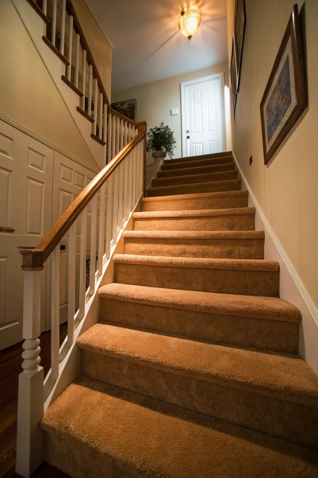Carpeted steps enhancing comfort and fashion.
