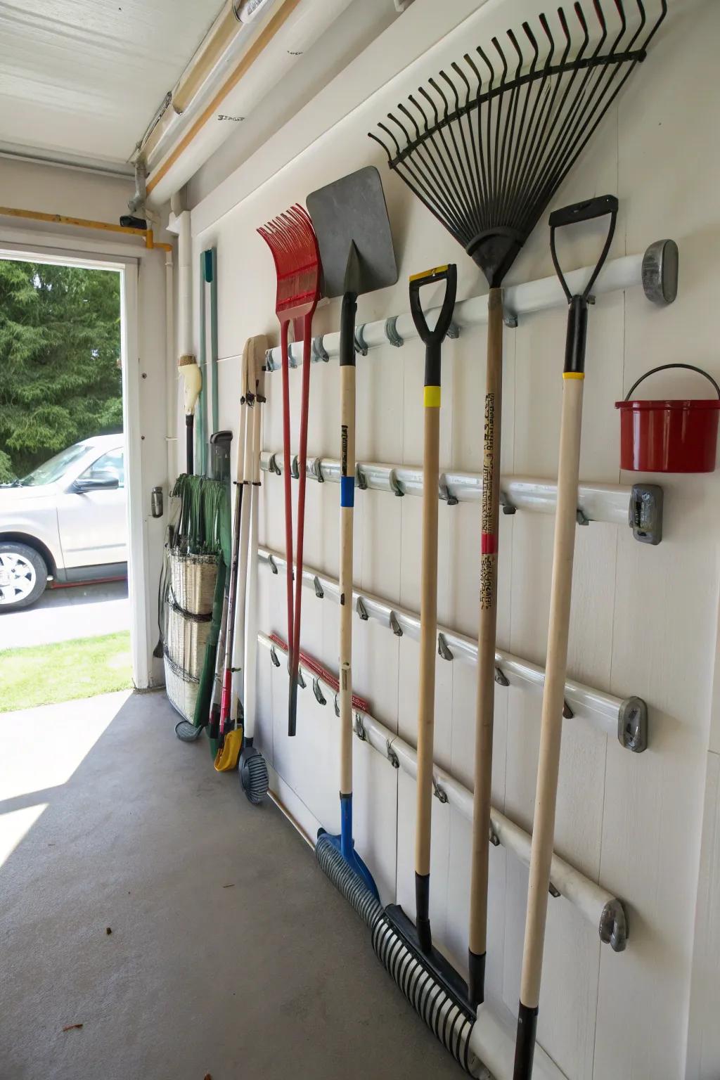 Synthetic tubing provides an ingenious and orderly storage approach for implements with elongated handles.