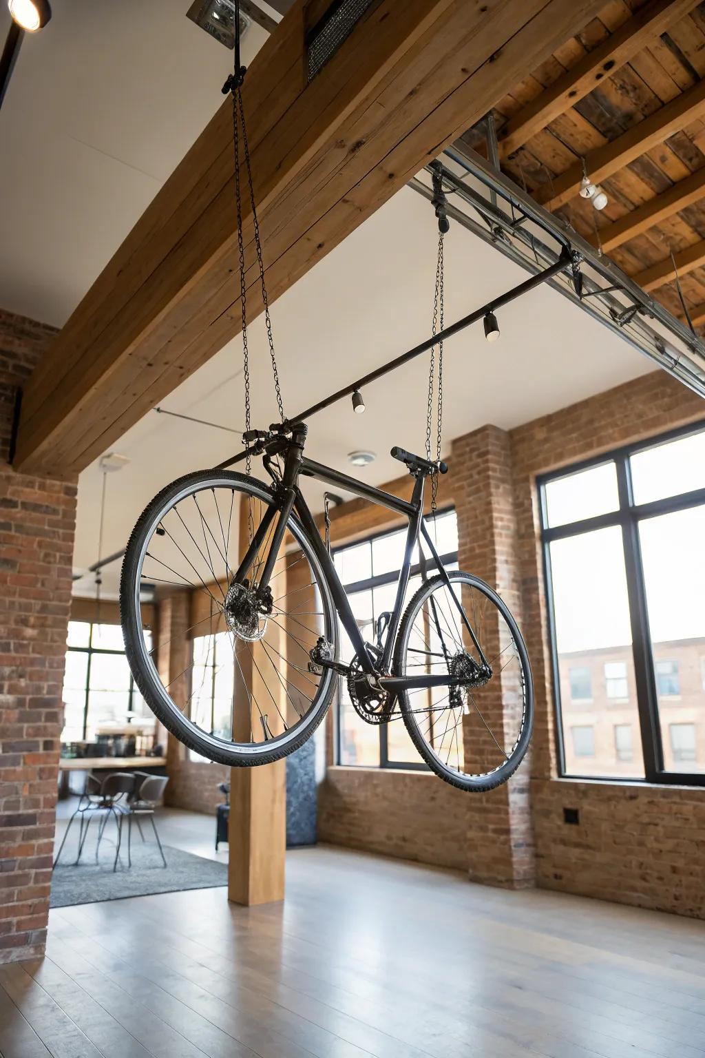 The ceiling pulley system conveniently keeps your bike up and out of the way.