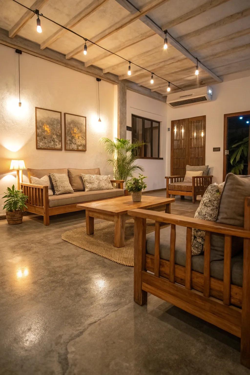 Wooden features can soften the look of concrete floors.