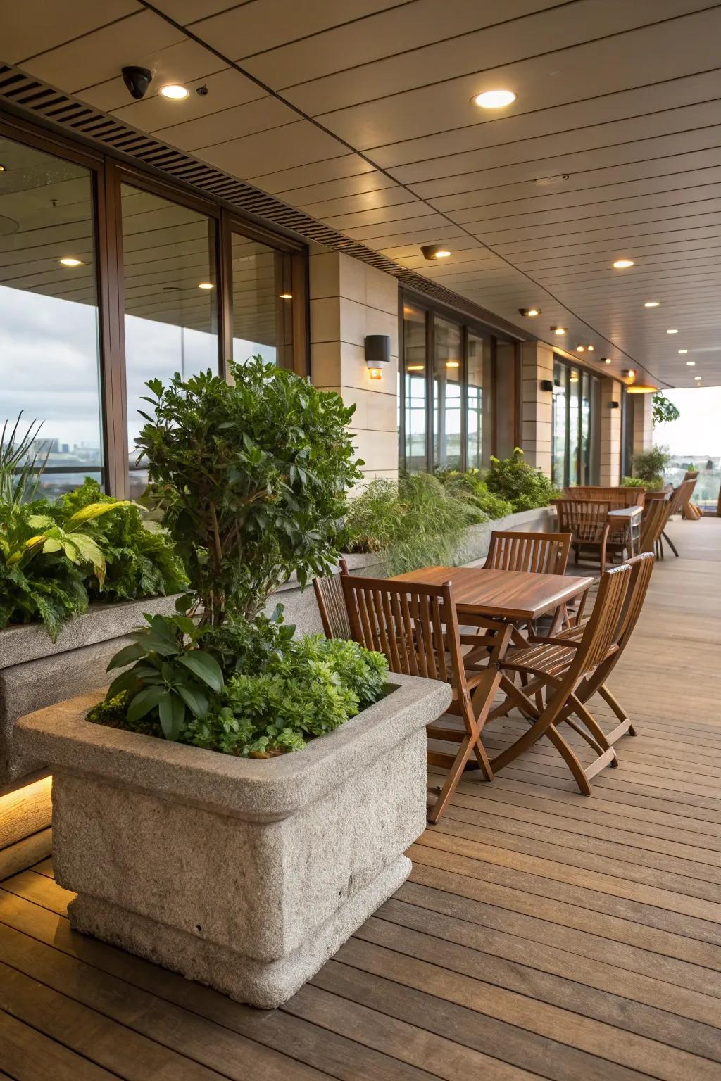This indoor deck showcases wood and rock features, lending an organic feel.