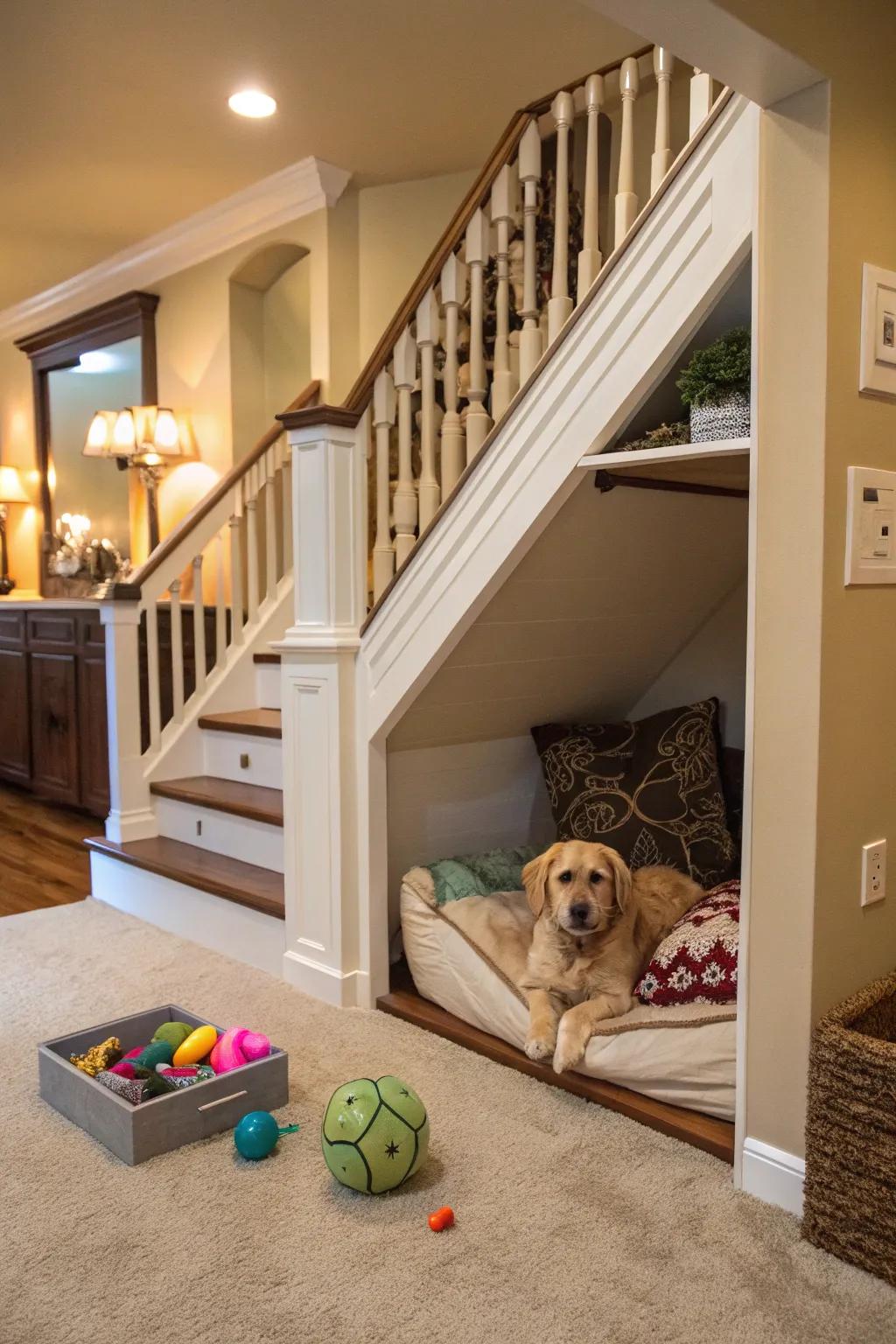 A secret sanctuary for your cherished pet, tucked away beneath the staircase.