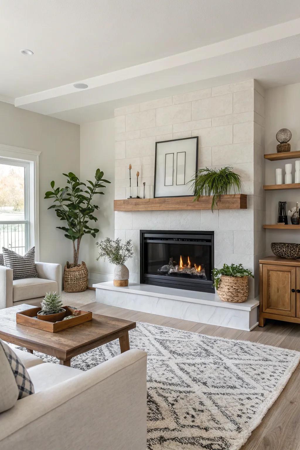 A minimalist living space highlighting a sleek modern fireplace with a subdued color scheme.