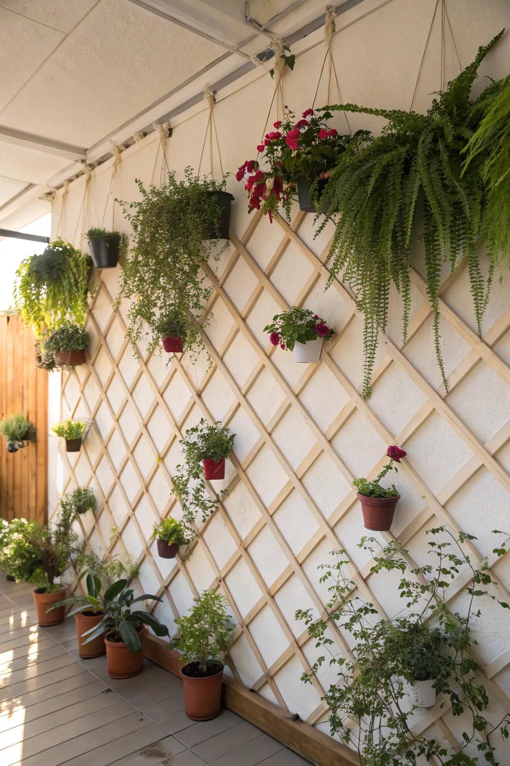 Sky garden on a latticed wall, ideal for those who adore plants.