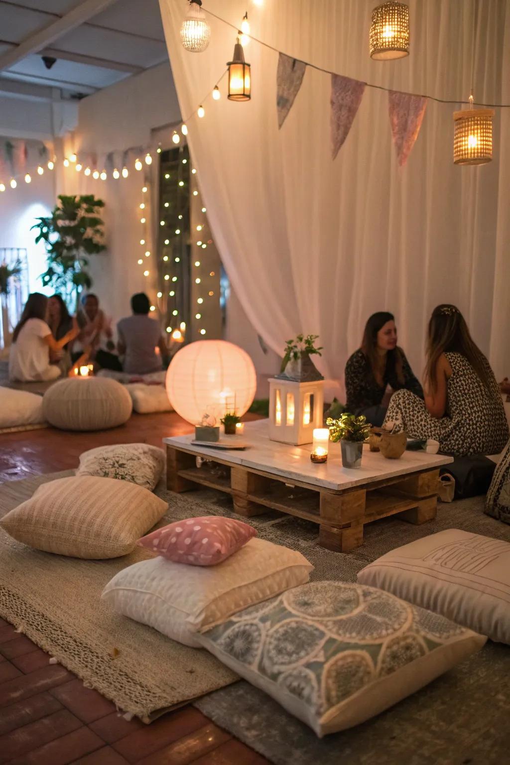 A heartfelt meet-up exhibiting floor seating and tender illumination.