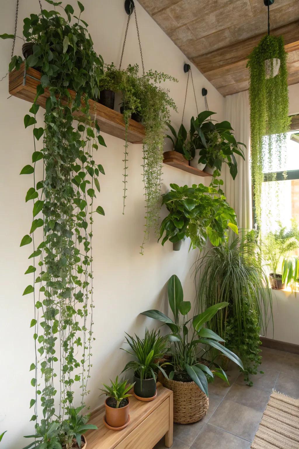 Enhance your decor with a suspended plant arrangement.