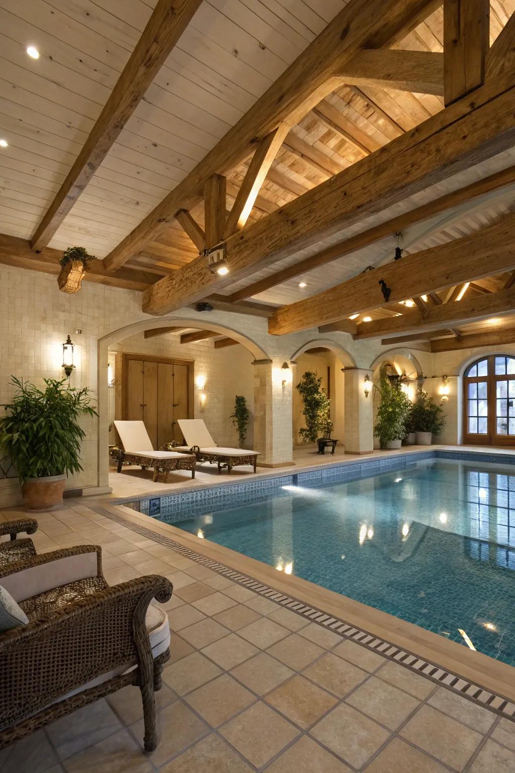 A cozy indoor pool featuring timber ceiling supports