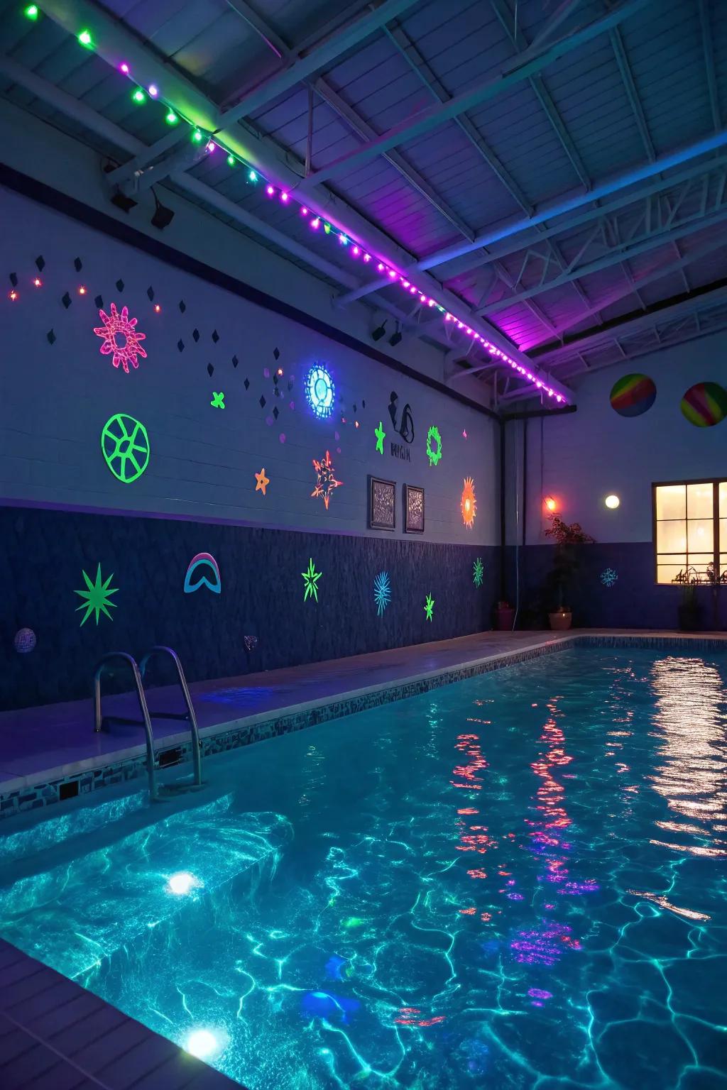 Brighten your pool party with striking neon lights and radiant, glow-in-the-dark accents.