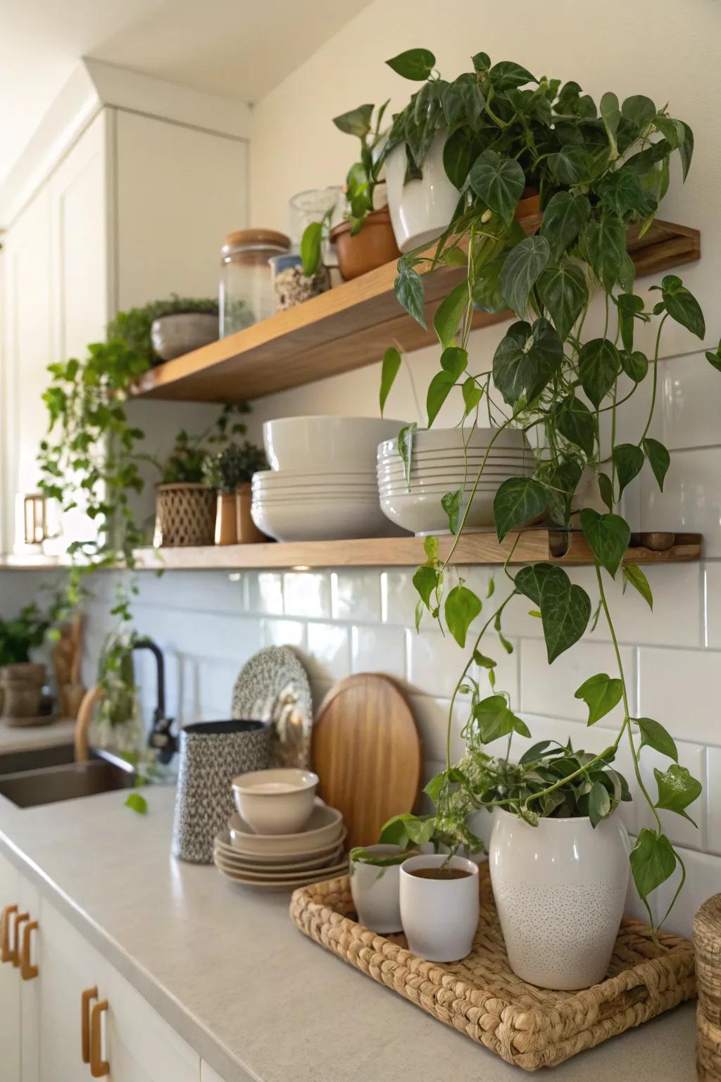 Infuse panache to shelves with draping radiant creepers.