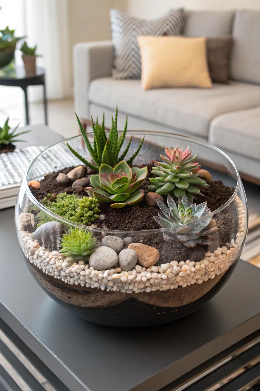 A glass bowl beautifully showcases succulents and their intricate layers.
