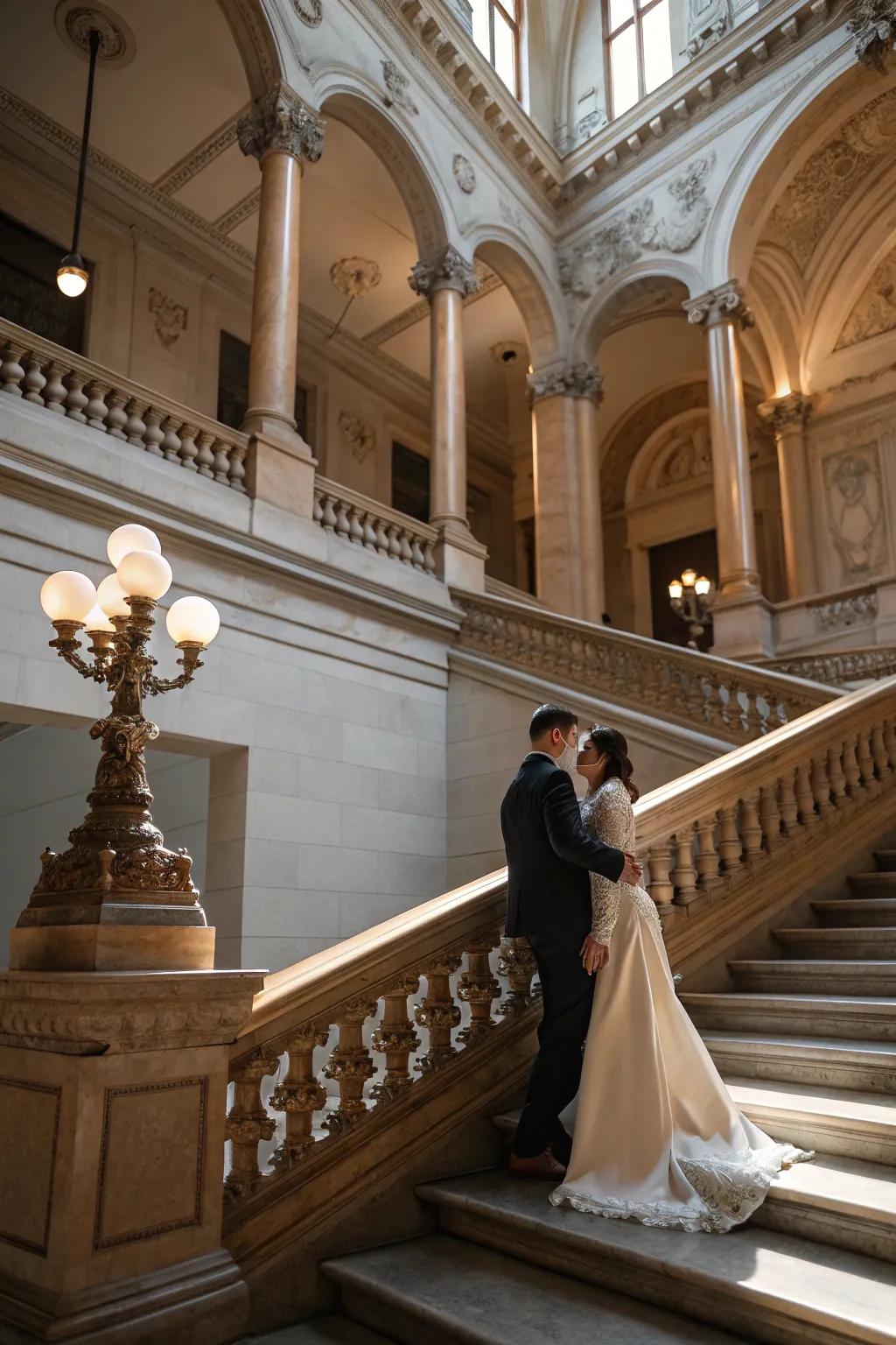 Majestic stairwells bring sophistication to indoor wedding pictures.