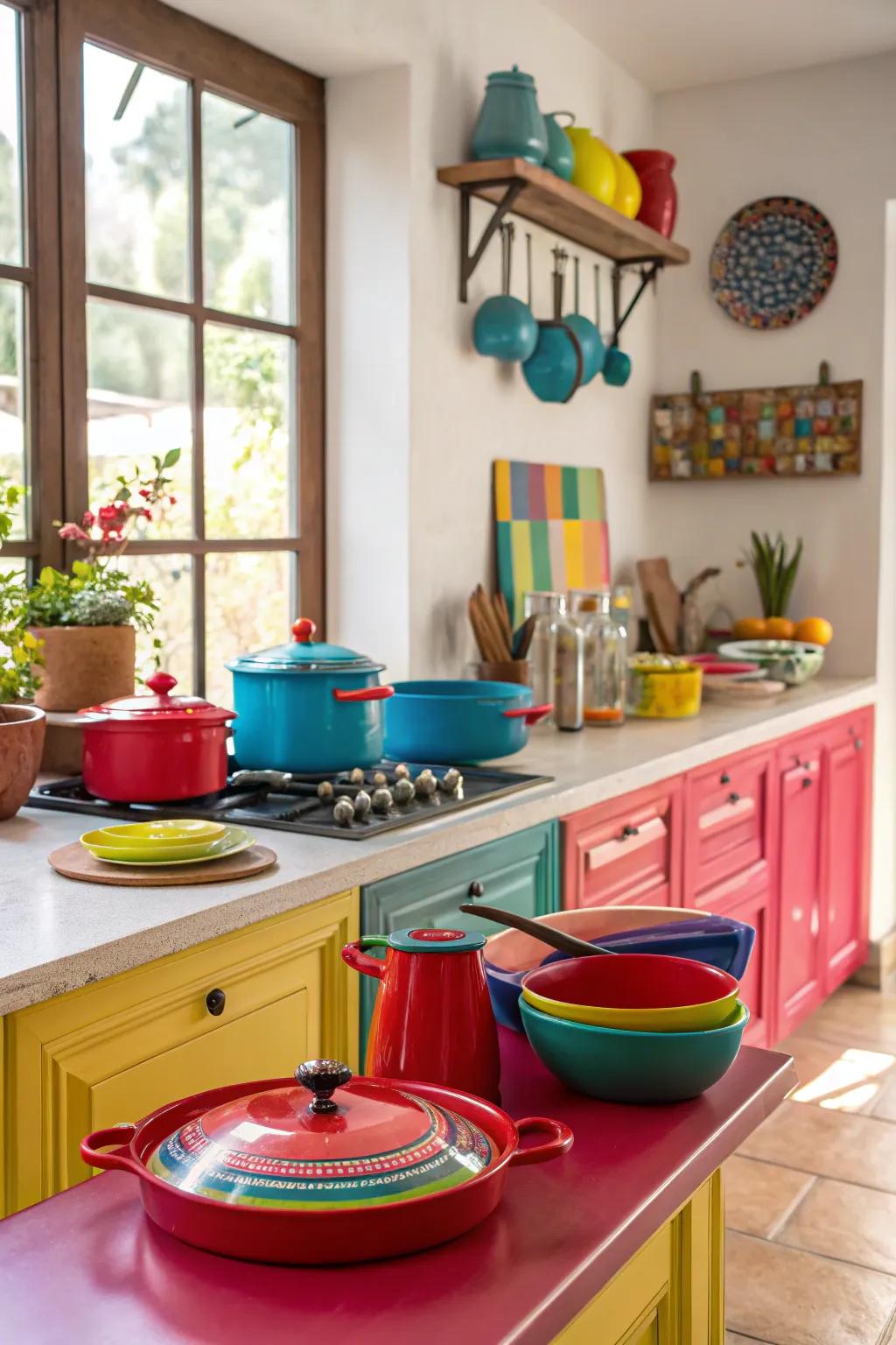 Brightly painted worktops can create a striking statement in any kitchen.