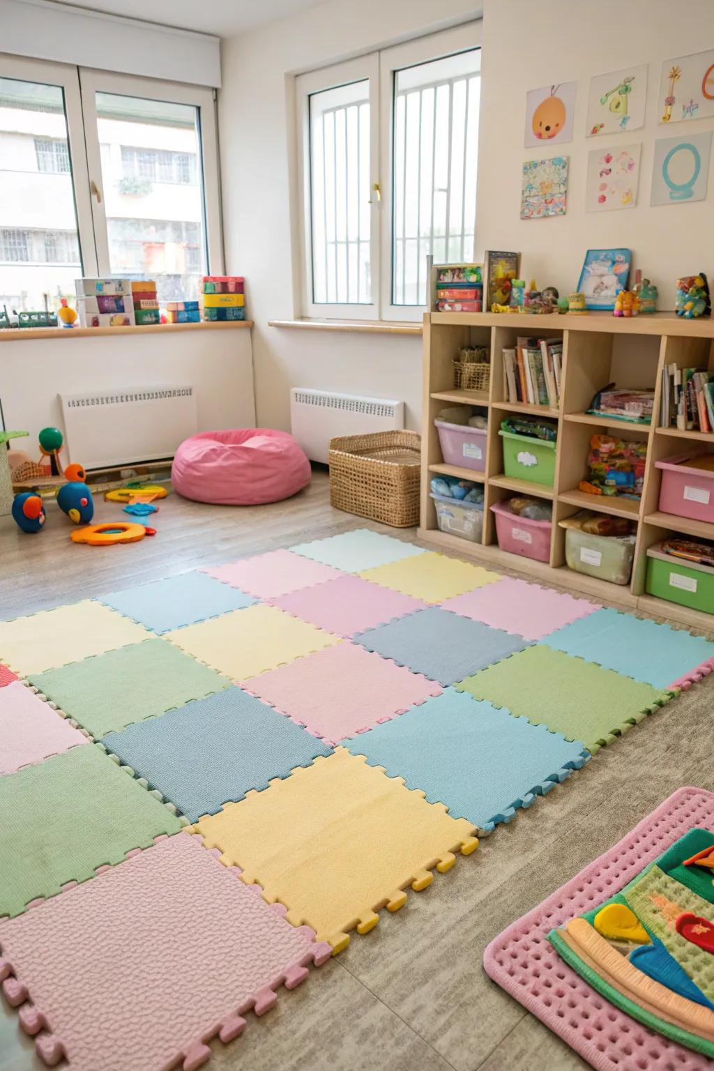 Soft flooring ensures comfort and safety for crawling infants.