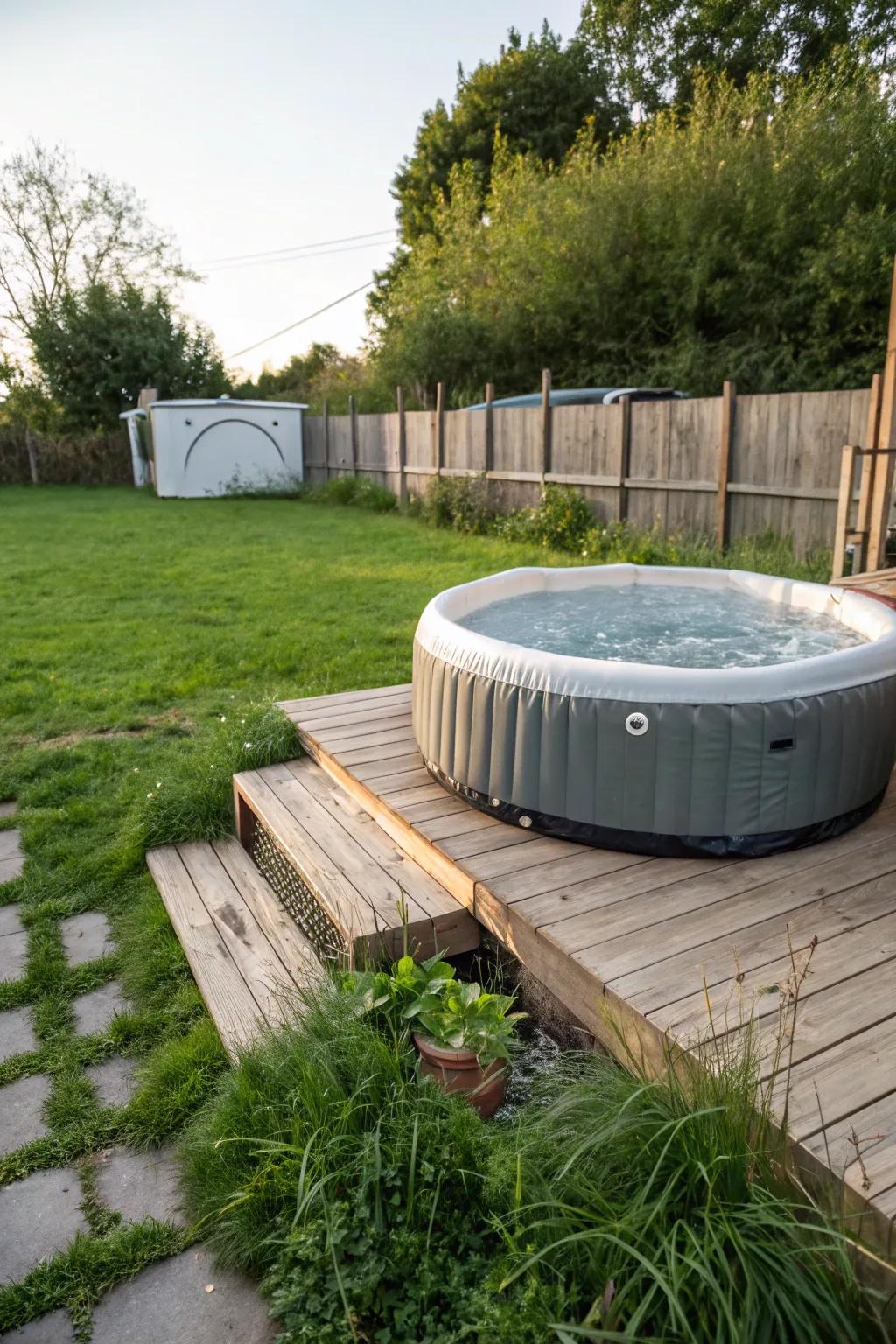 An elegant wooden patio elevates this inflatable bubbly spa arrangement.
