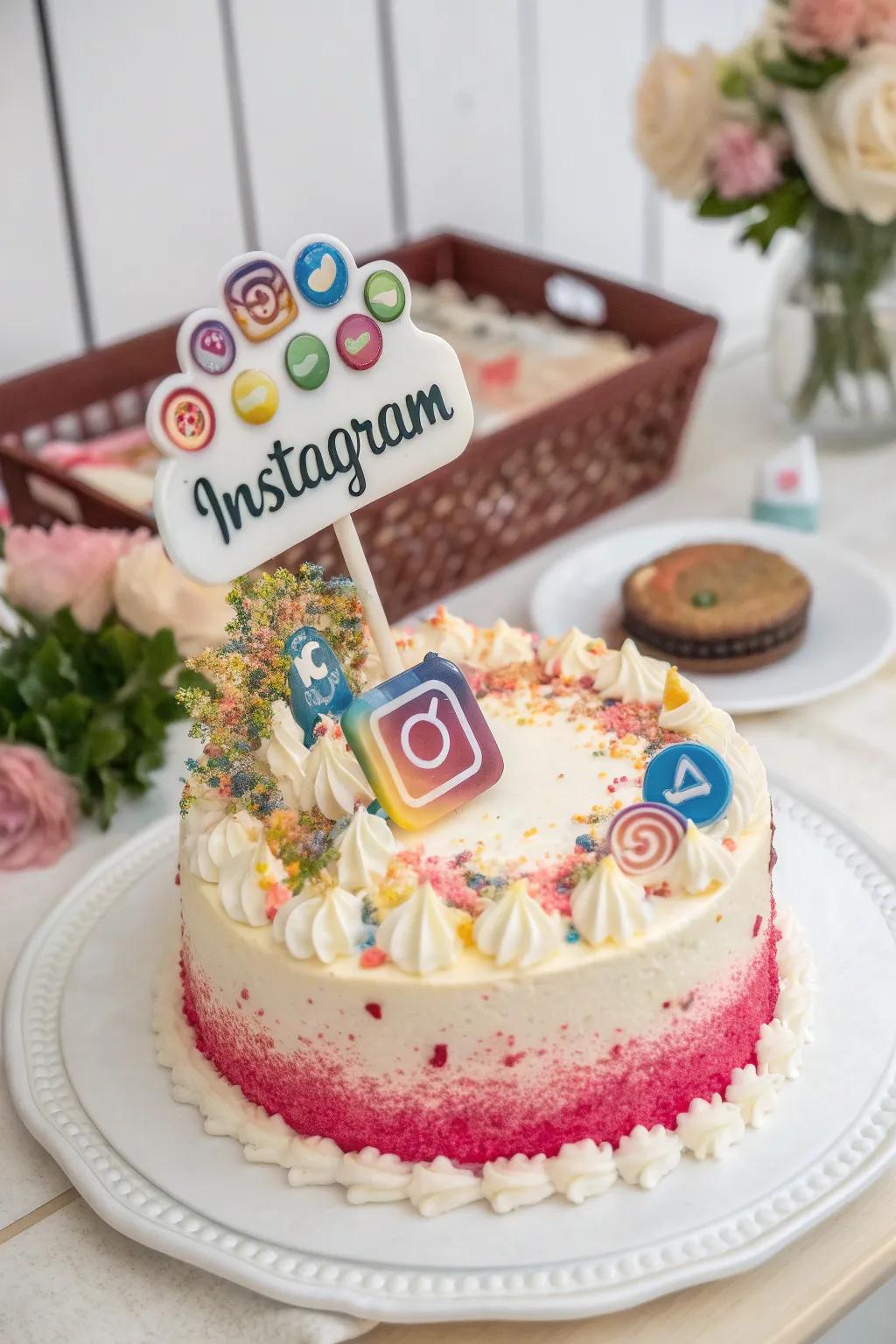 A stunning cake decorated with Instagram-themed elements.