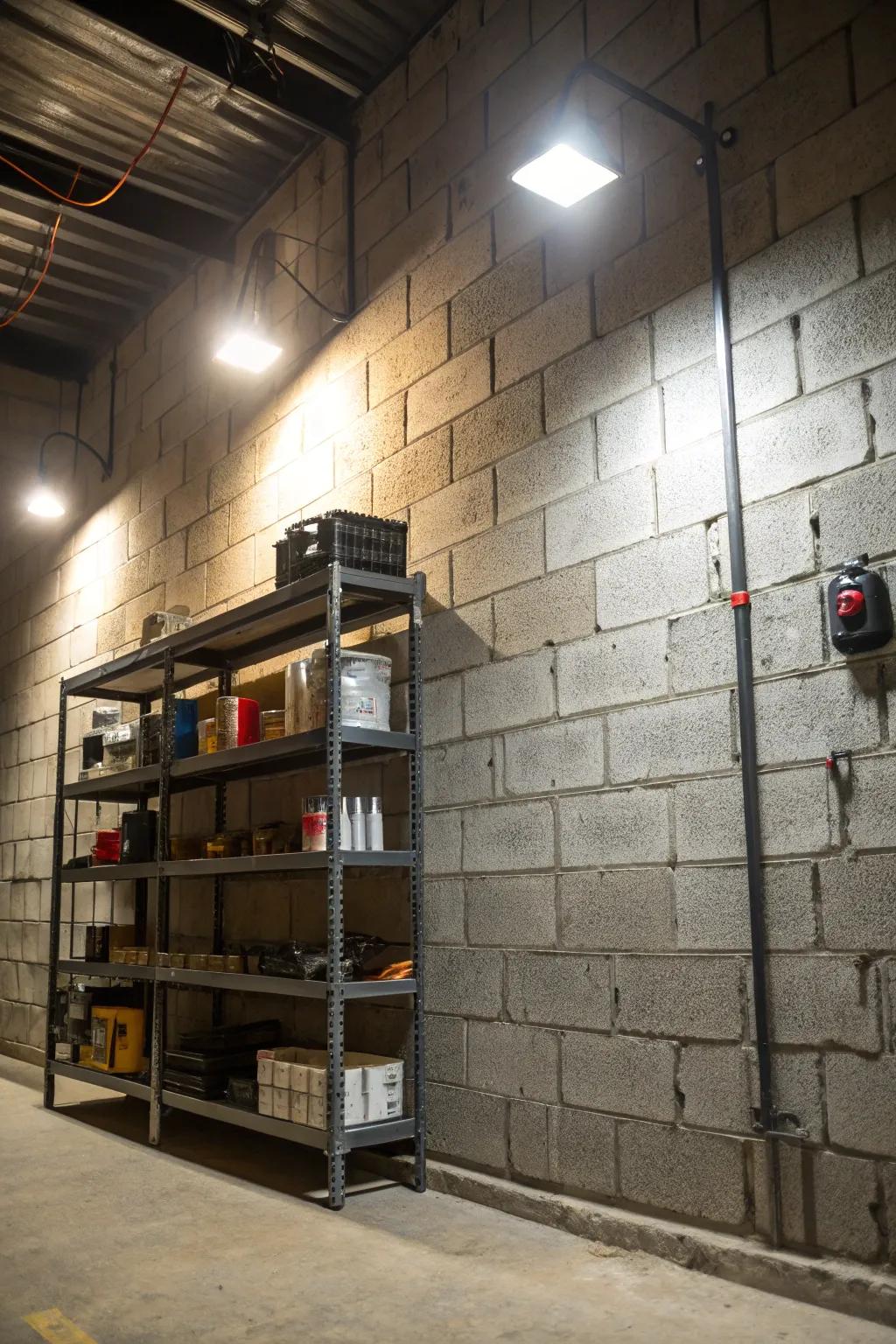 Metal accents give an industrial feel to a cinder block wall.
