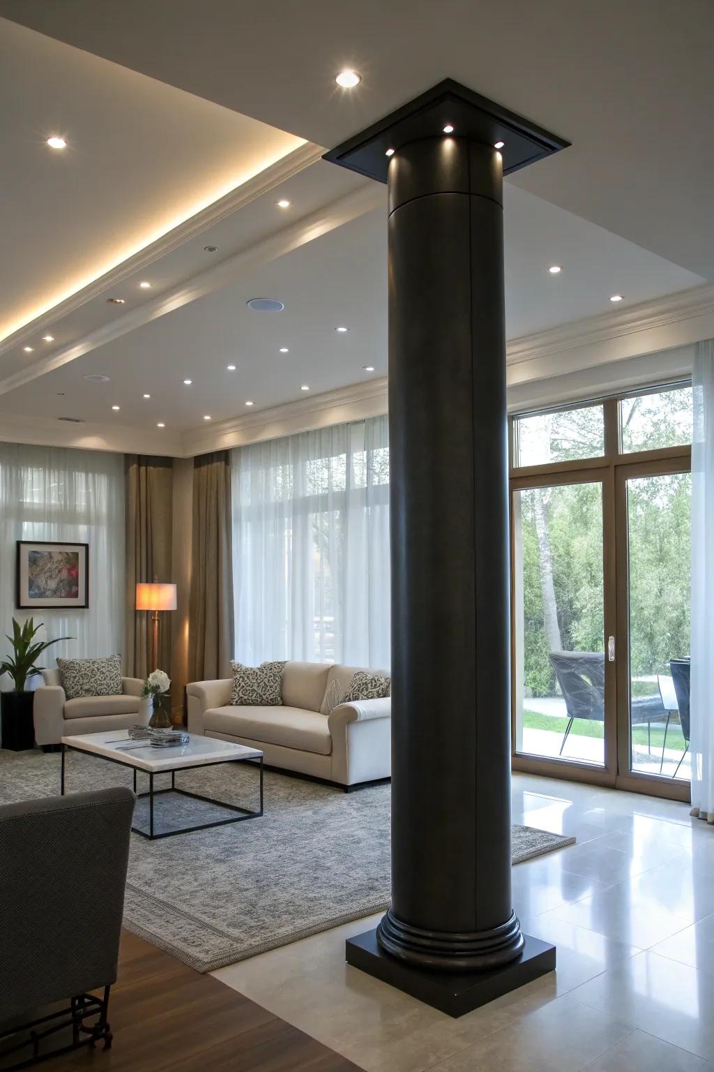 Strategic lighting emphasizes the impressive impact of columns.