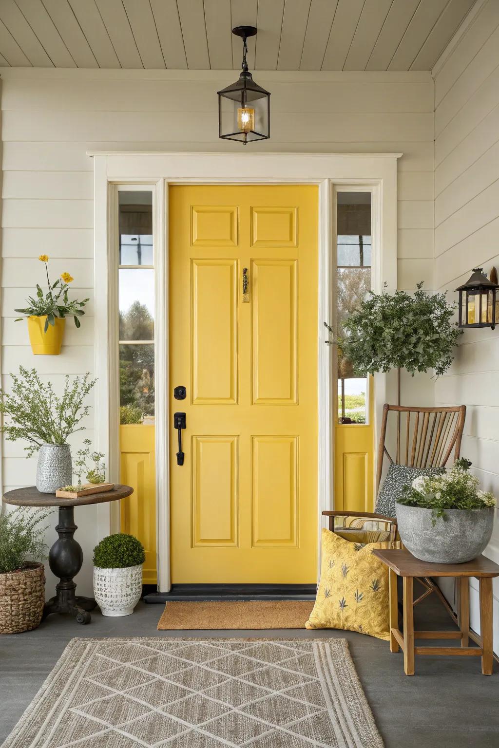 A vibrant yellow door creates an inviting entryway.