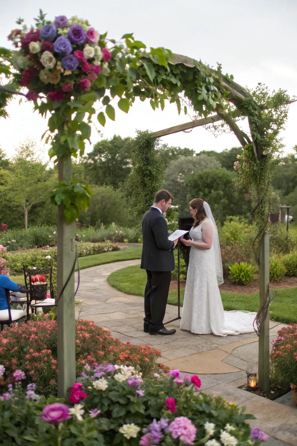 A wedding ceremony beautifully framed by a vibrant garden backdrop.