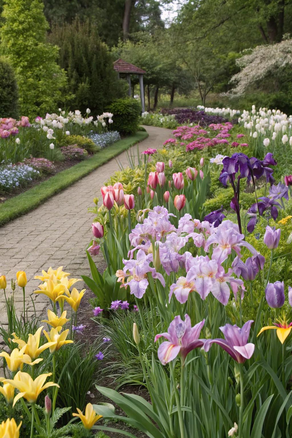 A lively assortment of irises, lilies, and tulips crafting a vibrant garden display.