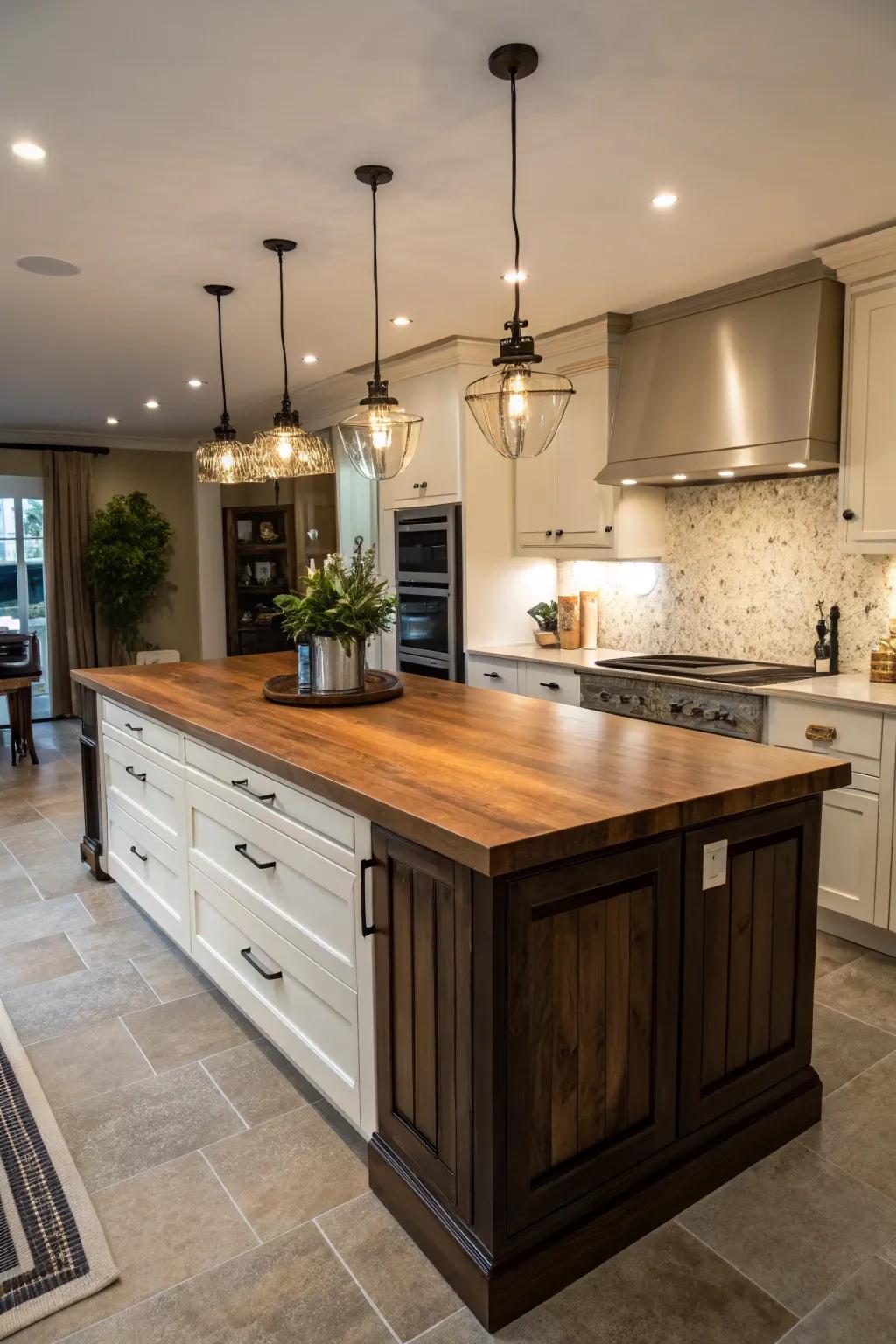 A wooden countertop that adds warmth and charm to a kitchen island.
