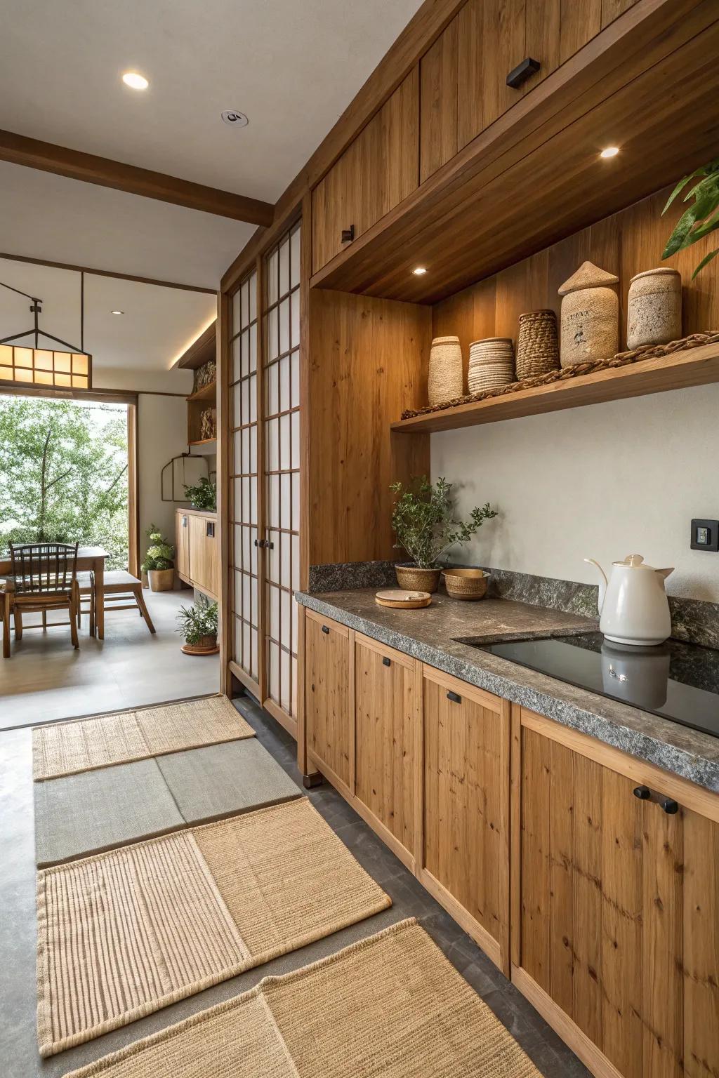 Natural elements bring nature indoors in a Japanese kitchen.