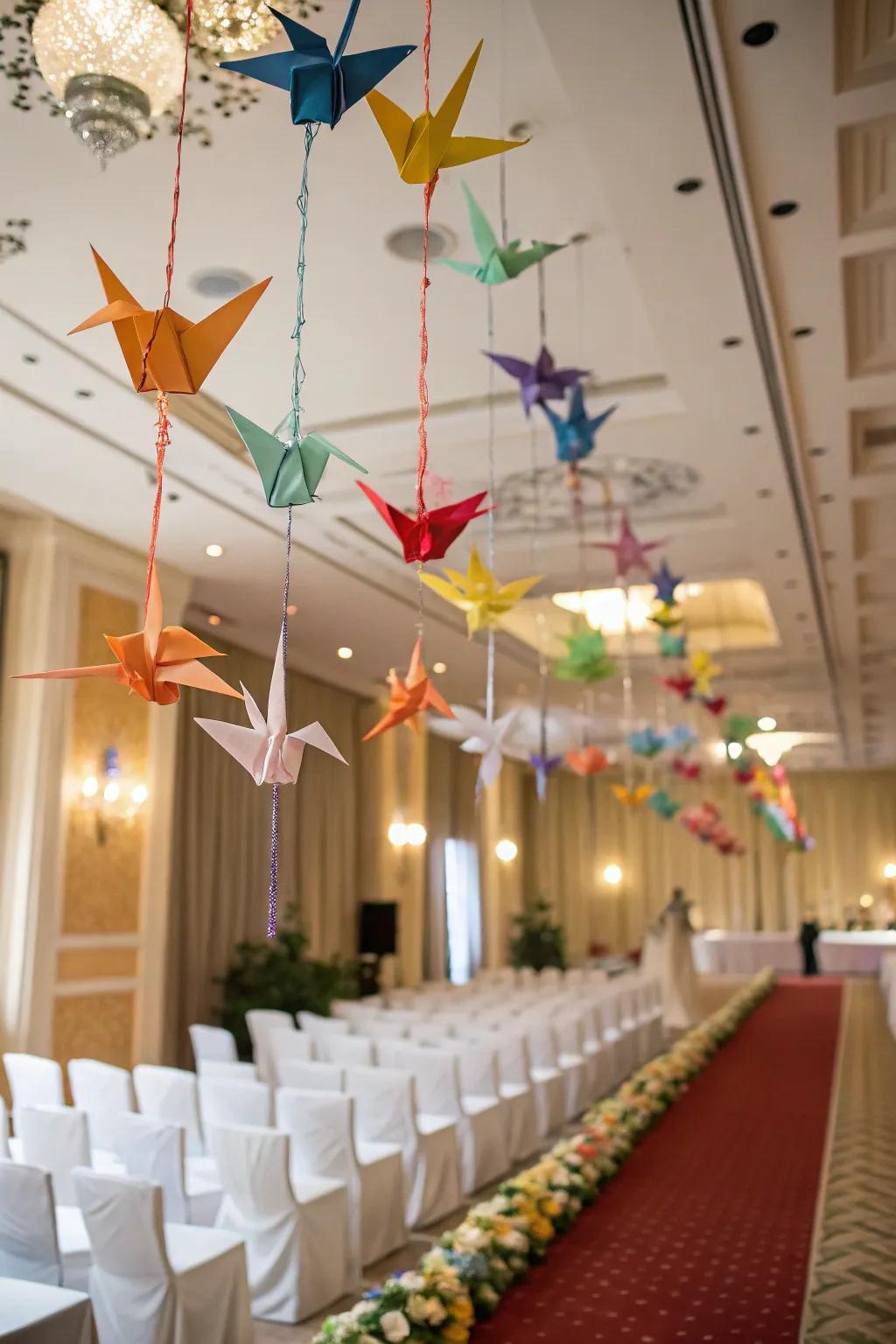 Stringed paper bird hangings represent joy.