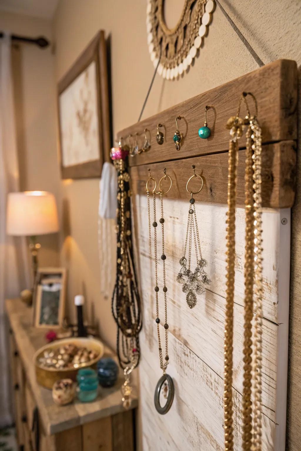 A natural timber board utilized to array jewelry