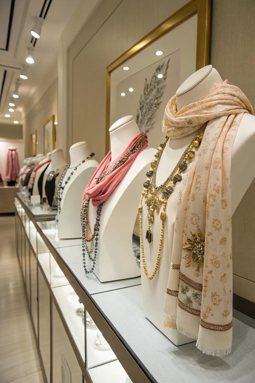 Mannequin busts breathe life into jewelry setups.