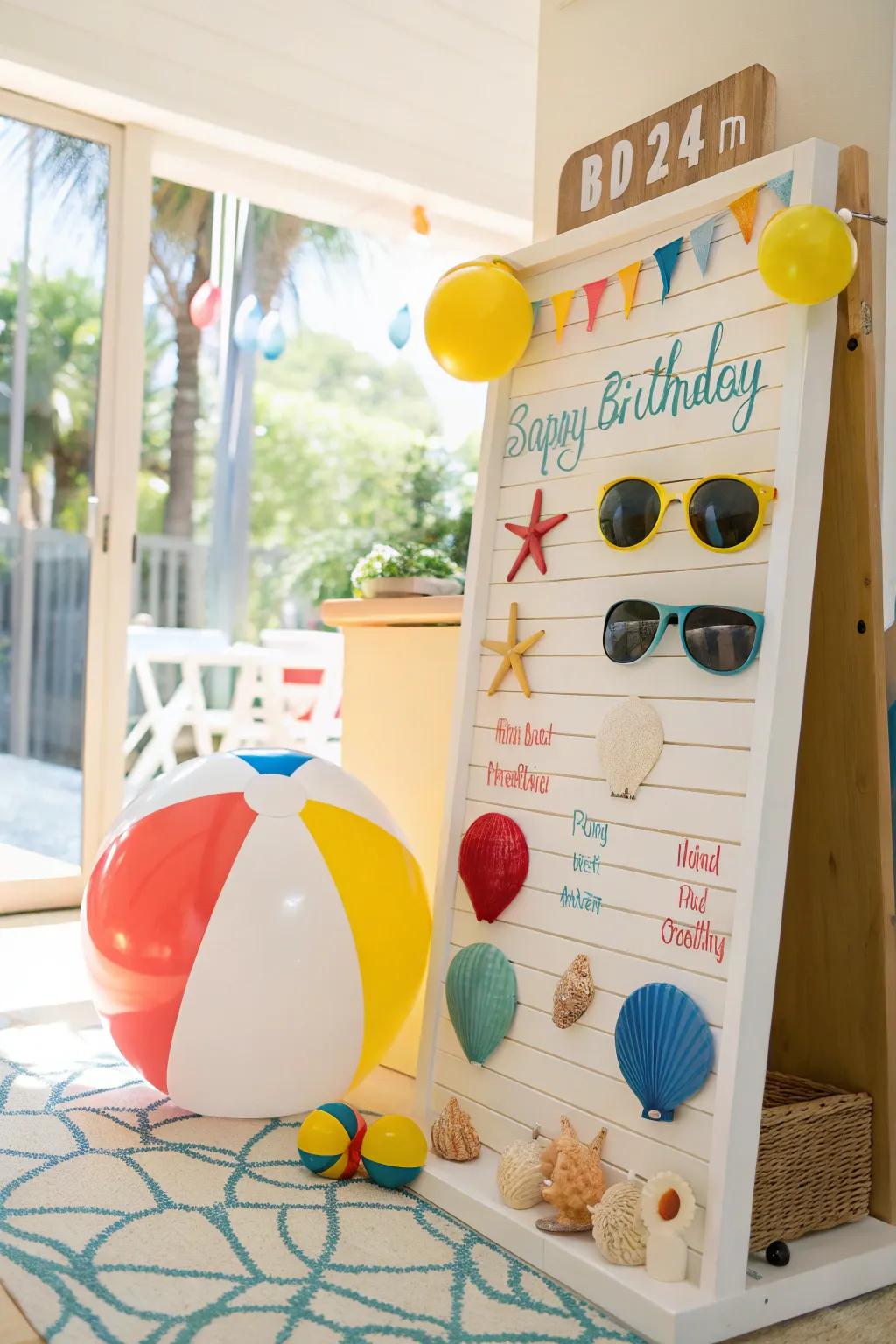 A beach-inspired birthday board ideal for sun-filled July celebrations.