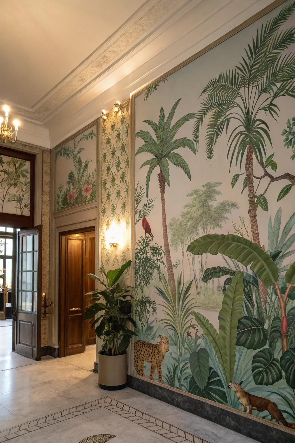 Jungle-themed wallpaper can completely transform your room into a verdant wilderness.