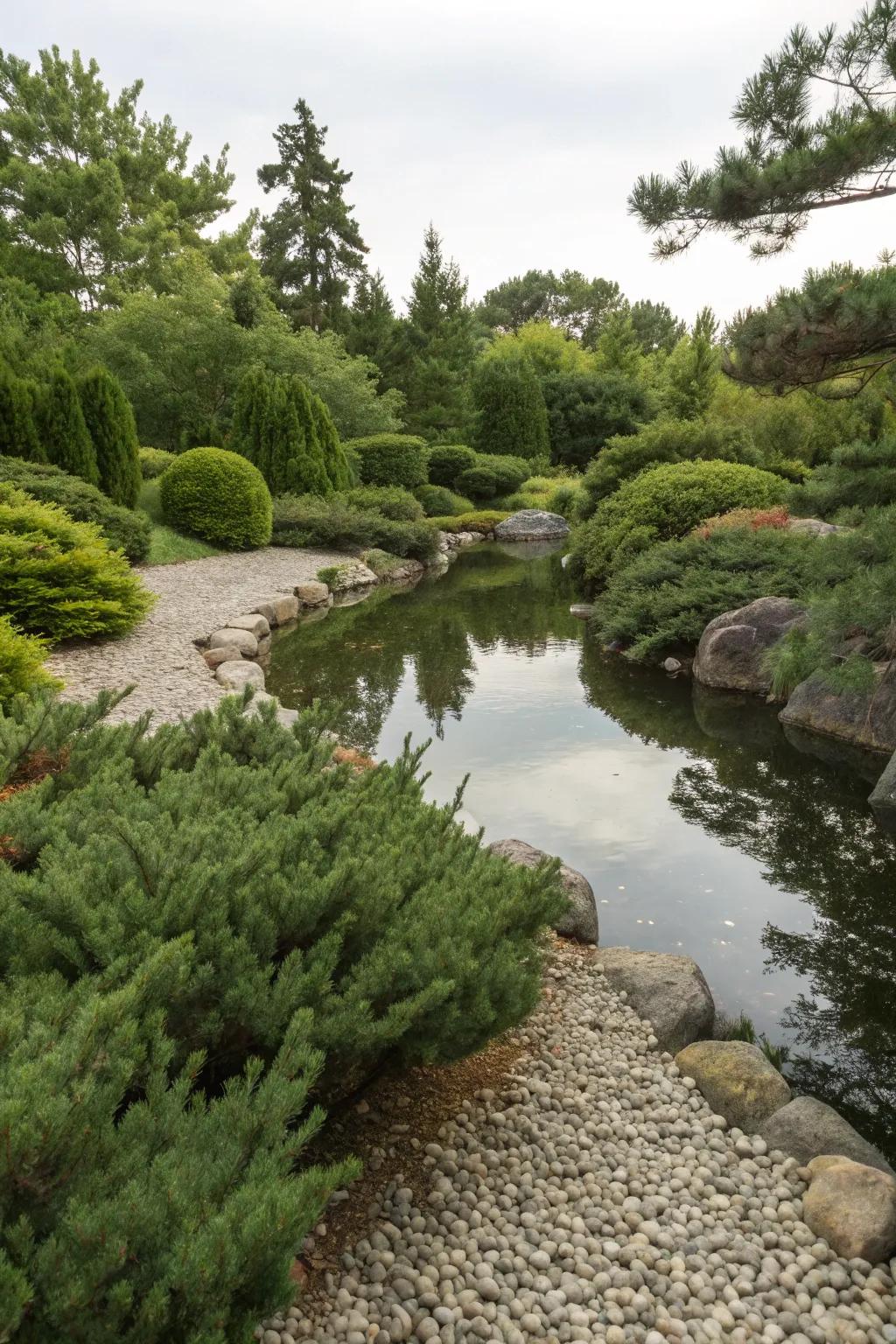 Junipers gracefully framing a pond