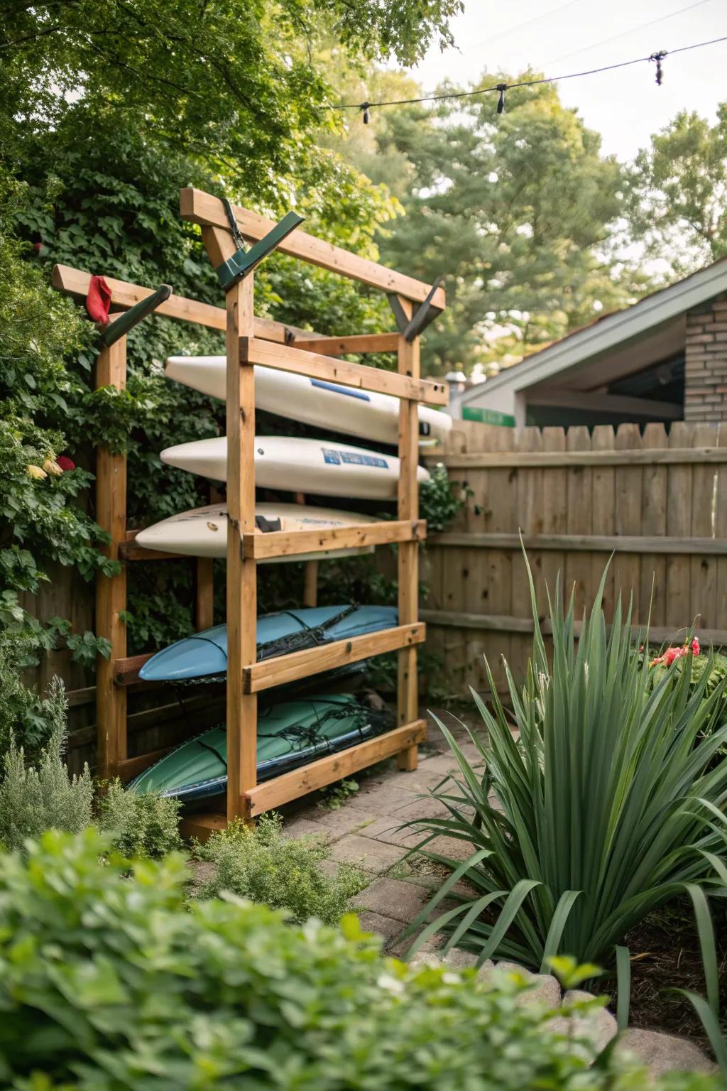 A DIY wooden holder neatly arranging several kayaks.