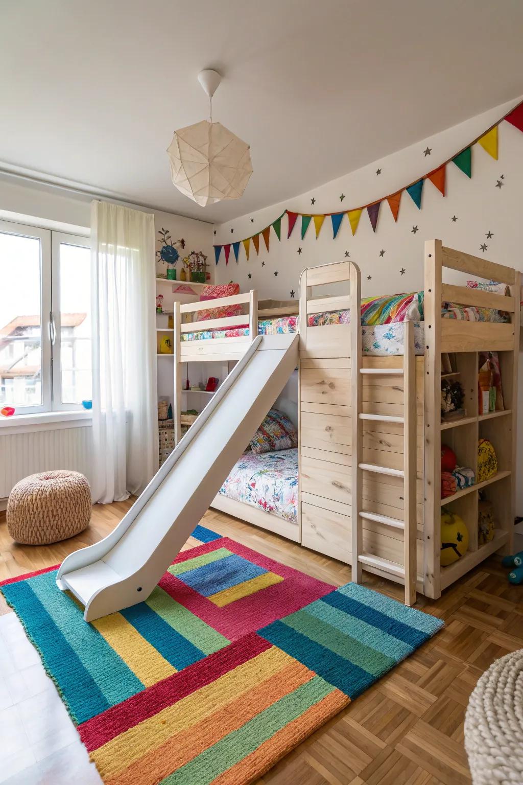 A bedroom slide converts the mundane into playtime.