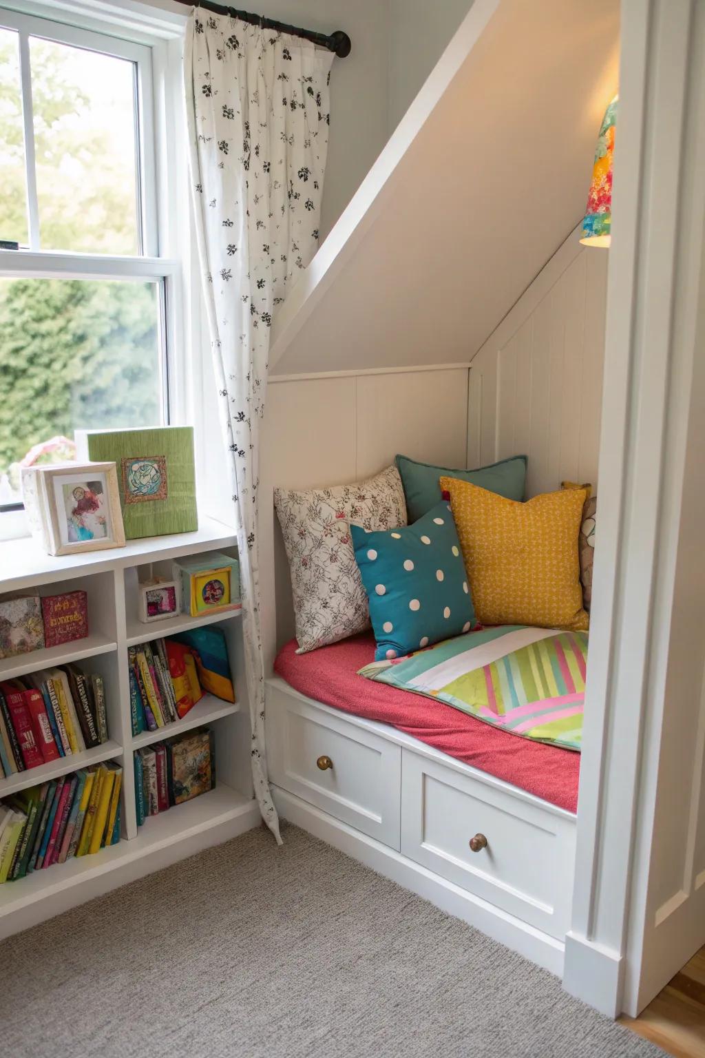 A lovely reading nook that encourages kids to discover new stories in books.