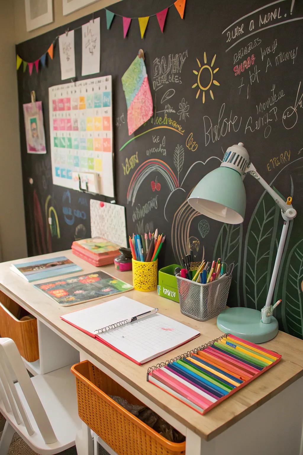 A lively blackboard surface fostering creativity and organization.