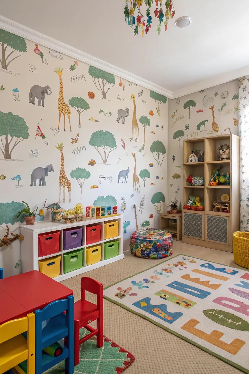 A playroom enhanced with vibrant animal-themed wallpaper that sparks a sense of discovery.