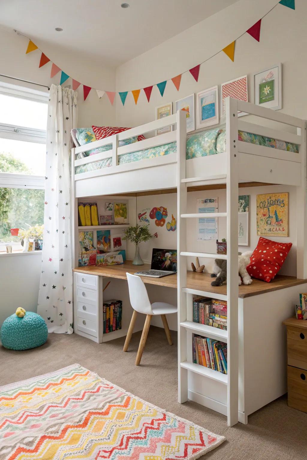 A loft bed arrangement that smartly uses vertical space for recreation and learning.