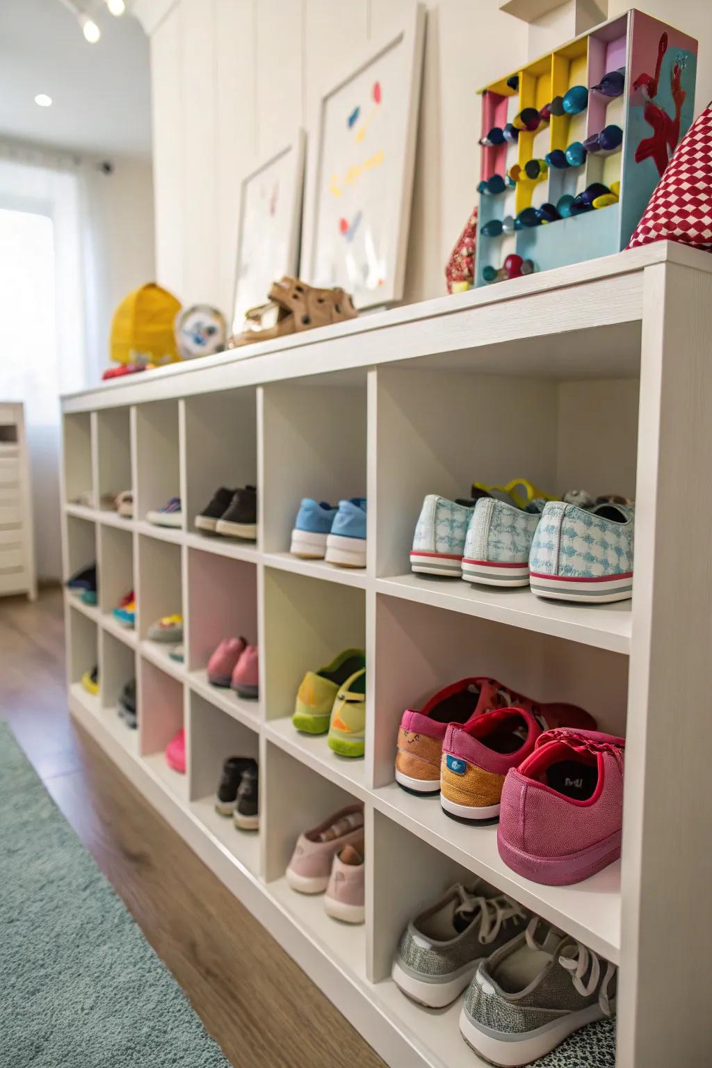 Individual shelves make organizing simple for children.