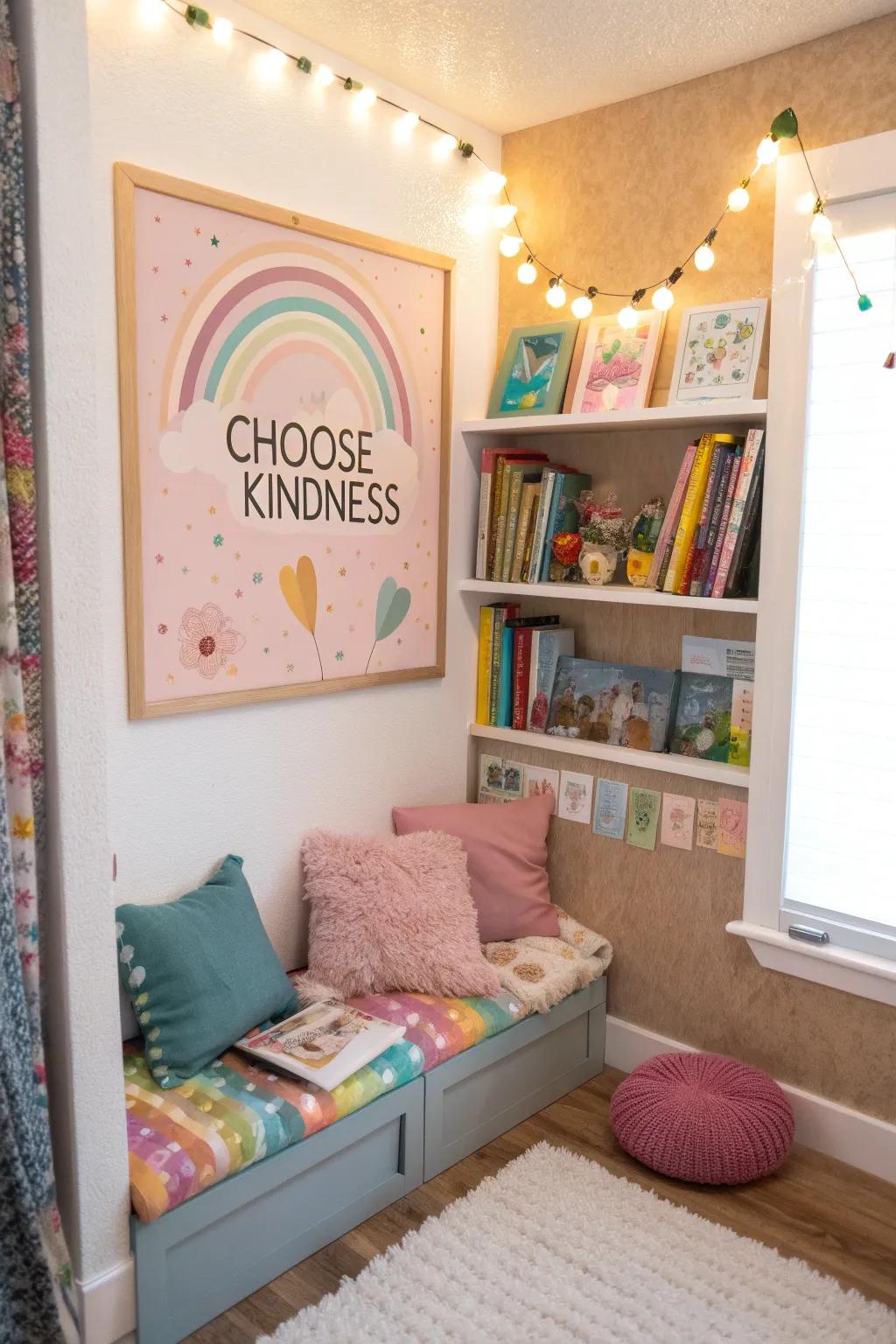 A snug reading area featuring a 'Choose Kindness' bulletin board with comforting pastel shades.
