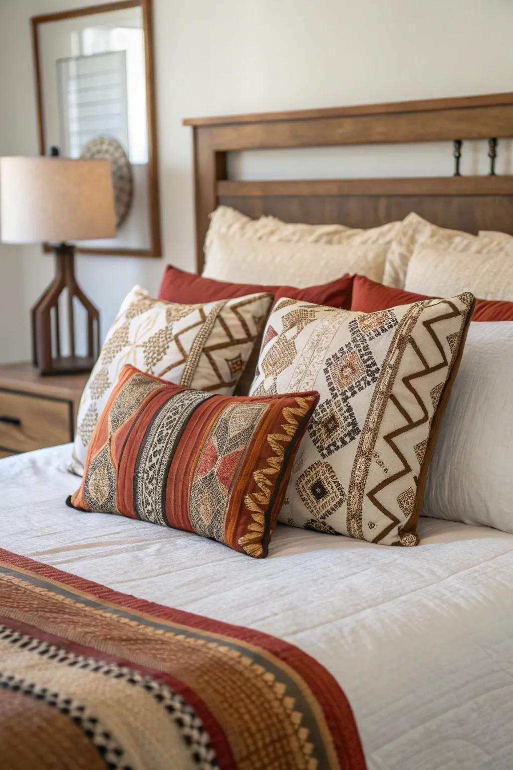 An array of cushions introduces color and pattern, enhancing the aesthetic of this king-sized bed.