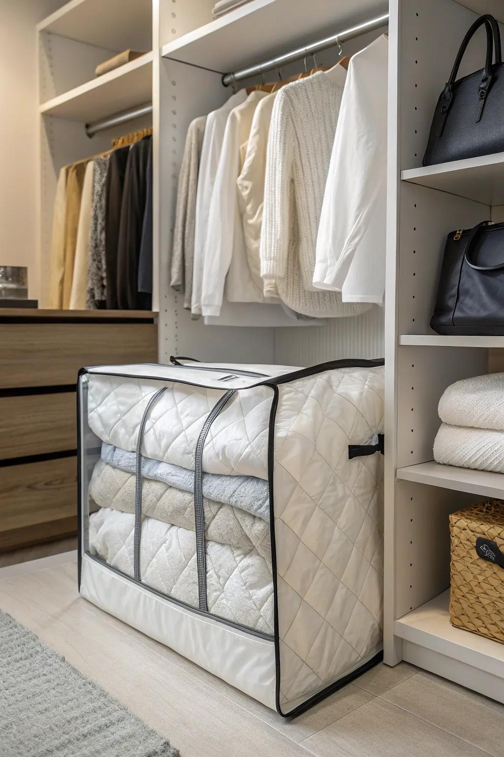 See-through storage bags bring clarity and structure to your closet arrangement.