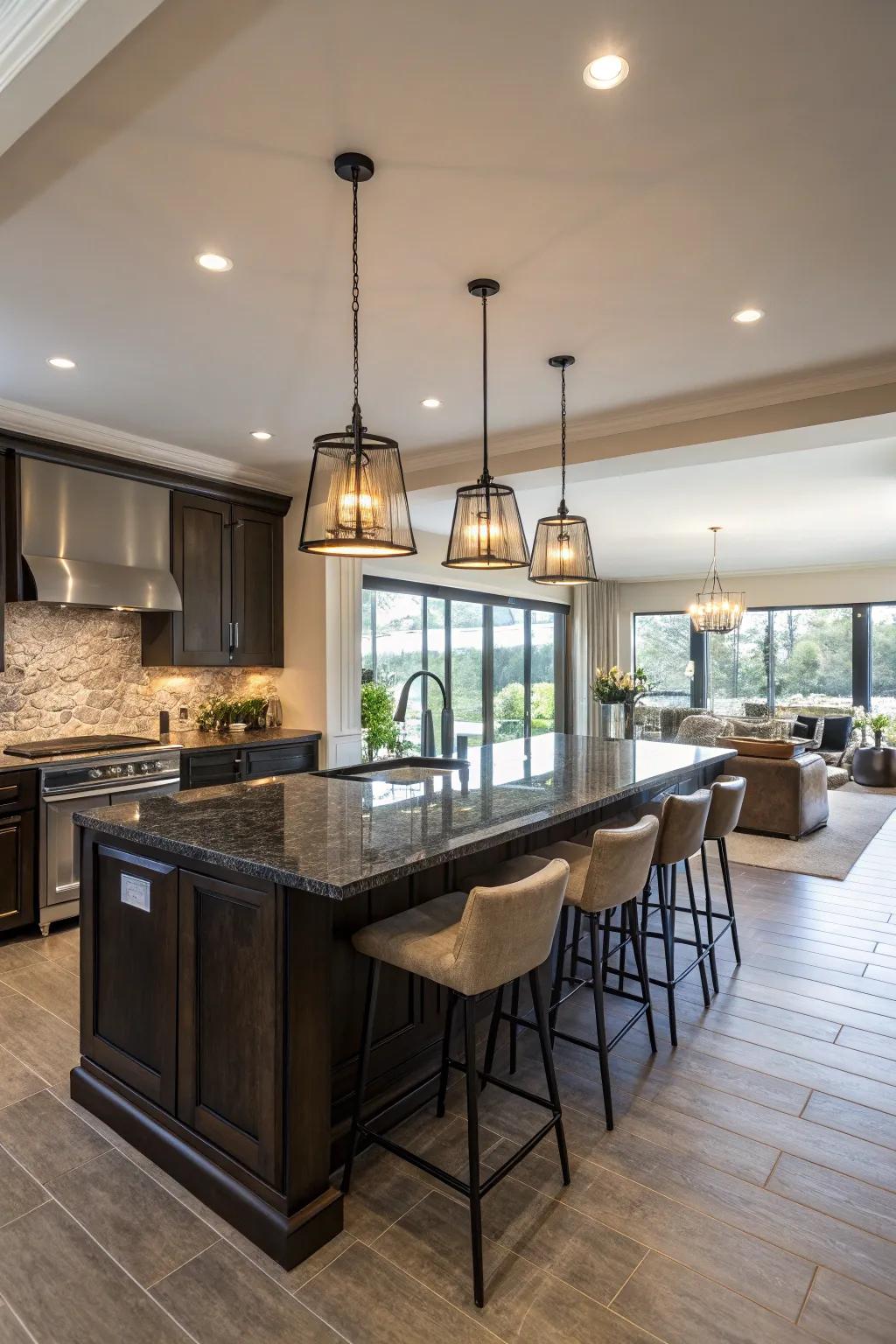 A kitchen island functioning both as a dining spot and workspace.